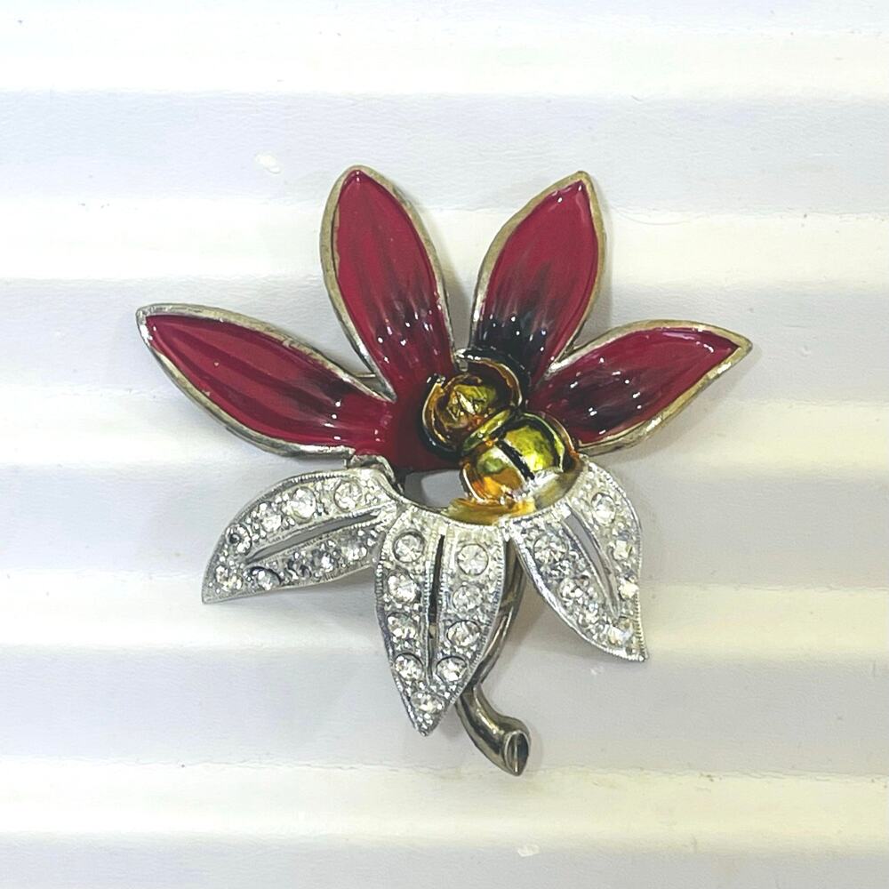 Vintage Brooch Little Nemo Flower Rhinestone Beetle Bug Poinsettia Signed